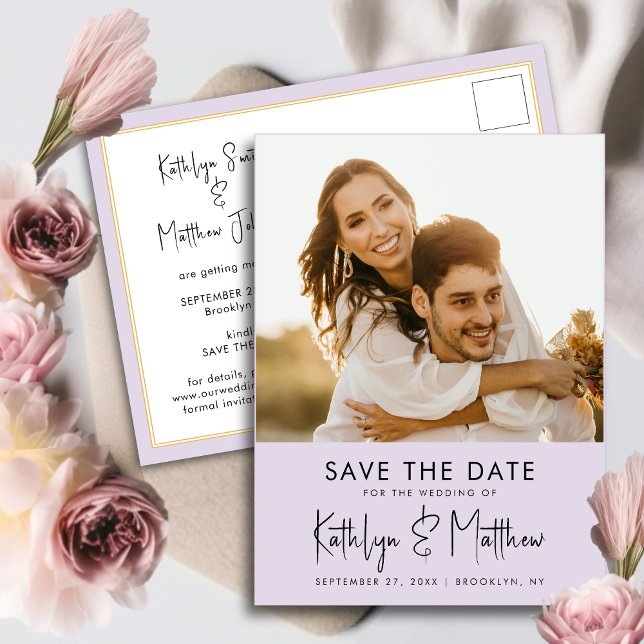 Mauve Purple Modern Photo Wedding Save The Date Announcement Postcard (Creator Uploaded)