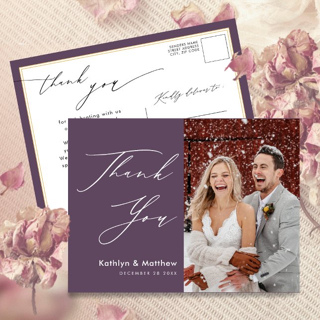 Mauve Purple Modern Photo Wedding Thank You Postcard (Creator Uploaded)