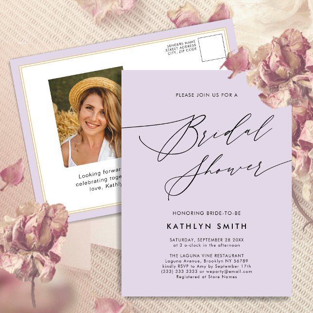 Mauve Purple Modern Script Simple Bridal Shower Invitation Postcard (Creator Uploaded)