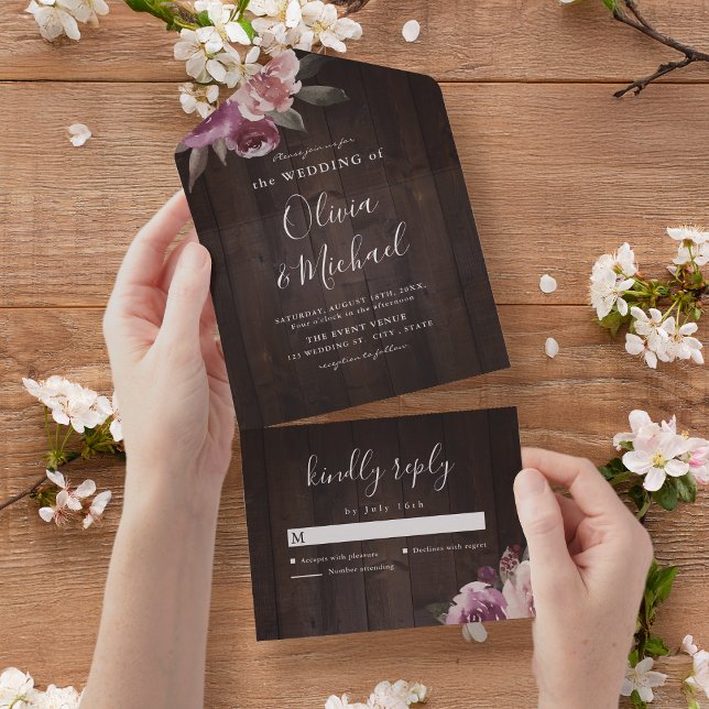 Mauve purple & mulberry floral rustic wood wedding all in one invitation (Mauve purple & mulberry floral rustic wood wedding all in one invitation)