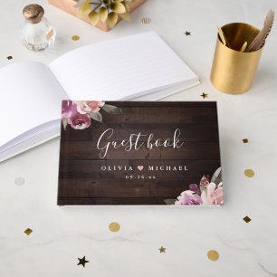 Mauve purple & mulberry floral rustic wood wedding guest book
