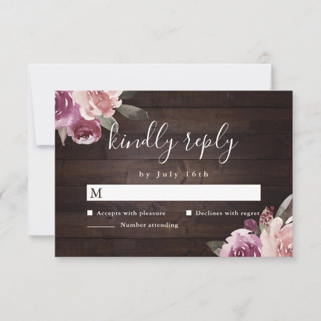 Mauve purple & mulberry floral rustic wood wedding RSVP card (Front)