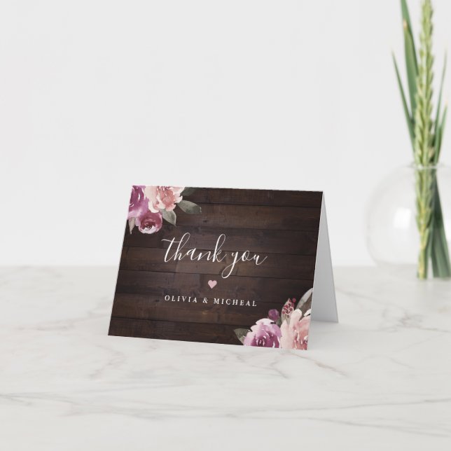 Mauve purple & mulberry floral rustic wood wedding thank you card (Front)