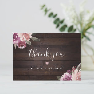 Mauve purple & mulberry floral rustic wood wedding thank you card