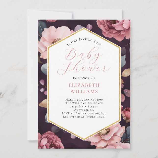 Mauve Purple Pink Gold Peonies Baby Shower Invitation (Front)