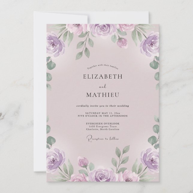 Mauve Purple Ranunculus Eucalyptus Wedding Invitation (Front)