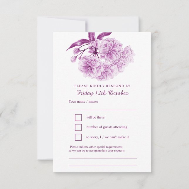 Mauve purple spring floral watercolor wedding RSVP Card (Front)