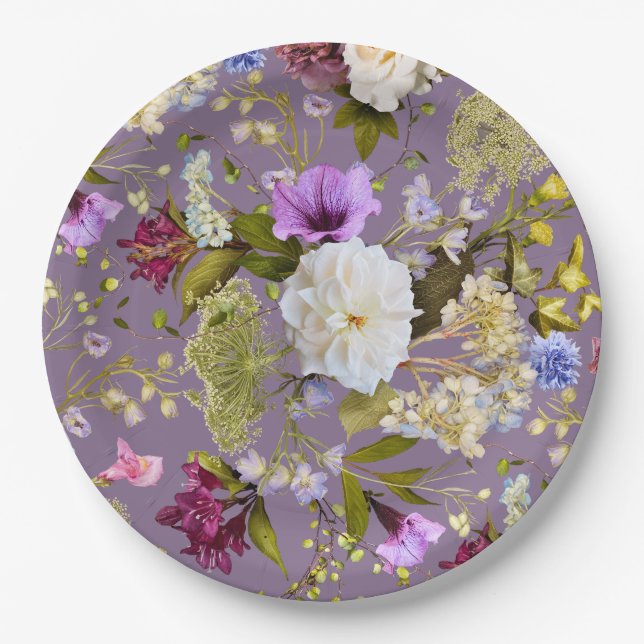 Mauve Purple Wedding Real Floral Paper Plate (Front)