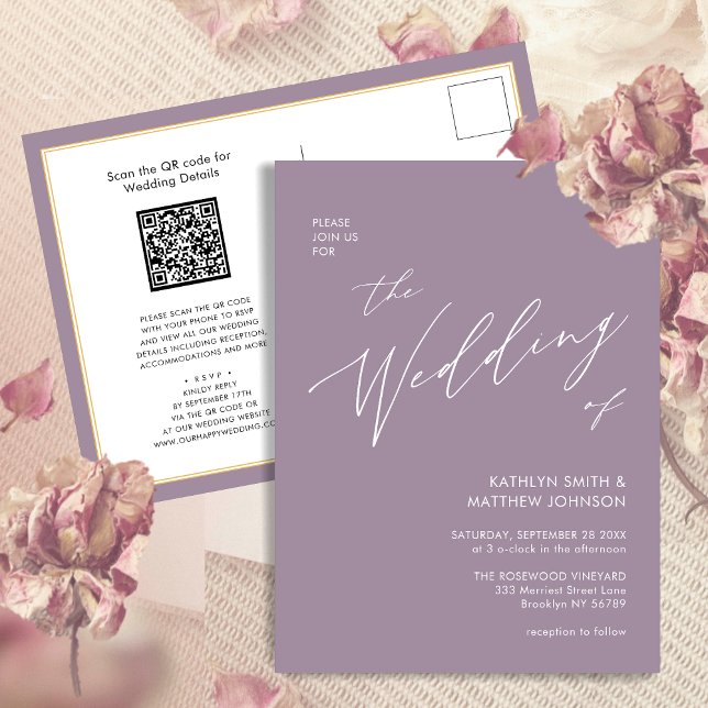Mauve QR Code All In One Modern Script Wedding Invitation Postcard (Creator Uploaded)