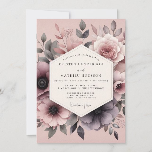 Mauve Romantic Flora Wedding Invitation (Front)