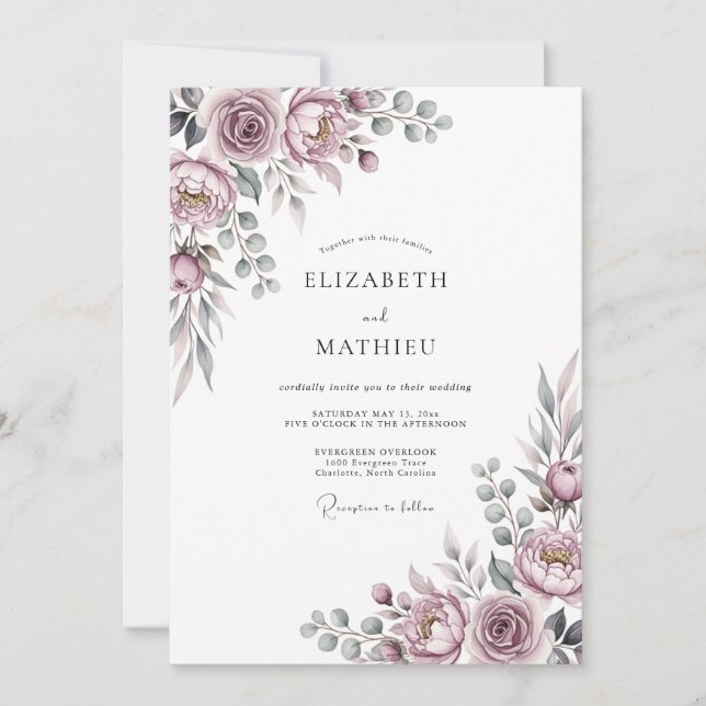 Mauve Romantic Floral Wedding Invitation (Front)