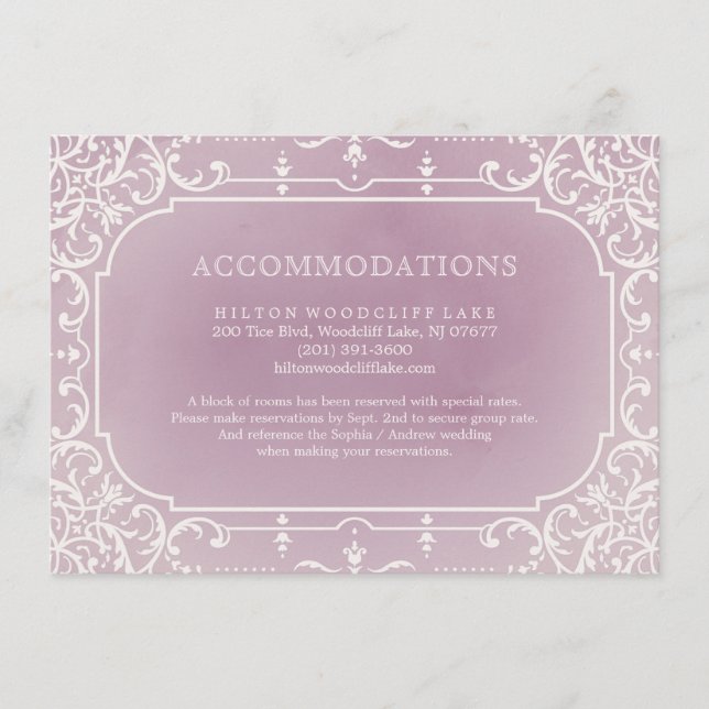 Mauve romantic vintage wedding accommodation enclosure card (Front)