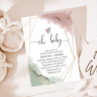 Mauve Rose and Sage Green Watercolor Baby Shower Invitation