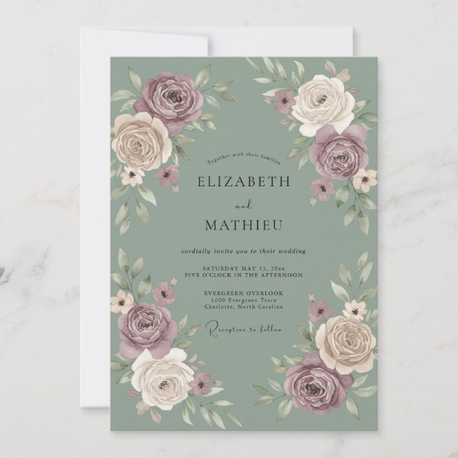 Mauve Rose Botanical Flourish Wedding Invitation (Front)