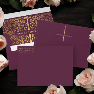 Mauve Royal Mediaeval Gold Sword Wedding Envelope