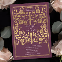 Mauve Royal Mediaeval Gold Sword Wedding Invitatio