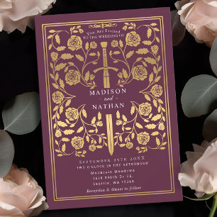 Mauve Royal Mediaeval Gold Sword Wedding Invitatio Invitation