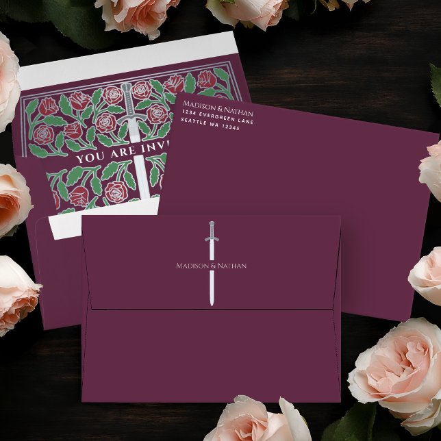 Mauve Royal Mediaeval Silver Floral Sword Wedding Envelope (Creator Uploaded)