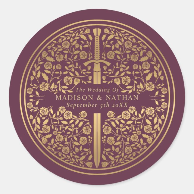 Mauve Royal Mediaeval Sword Wedding Classic Round Sticker (Front)