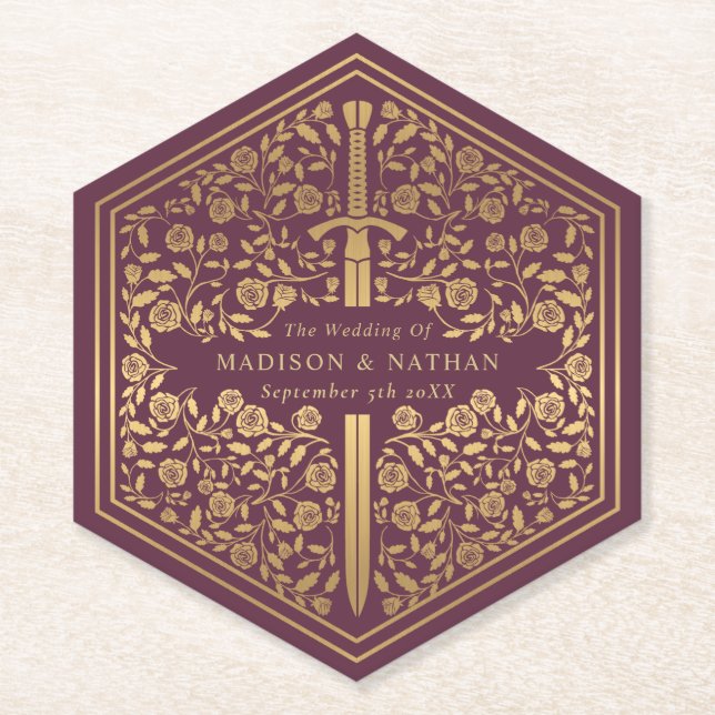 Mauve Royal Mediaeval Sword Wedding Paper Coaster (Front)
