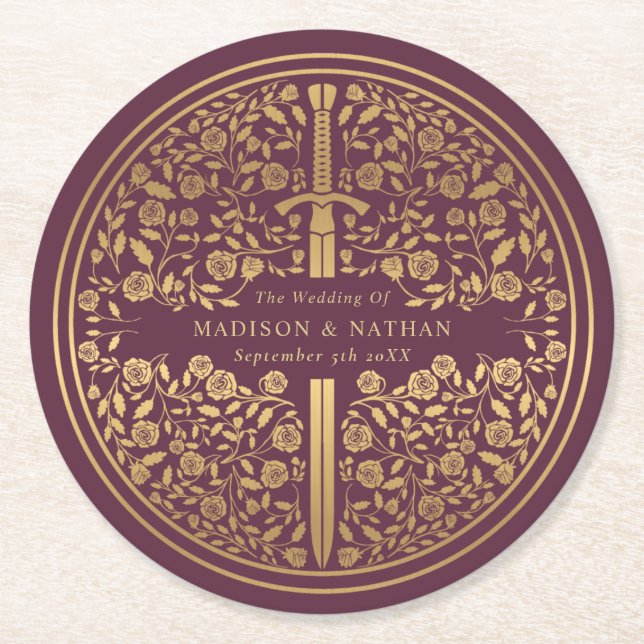 Mauve Royal Mediaeval Sword Wedding Round Paper Coaster (Front)