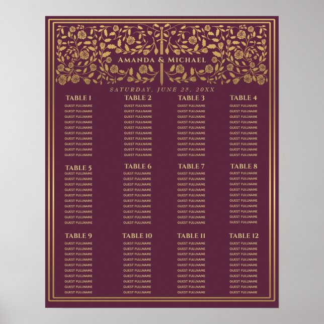 Mauve Royal Mediaeval Sword Wedding Seating Chart (Front)