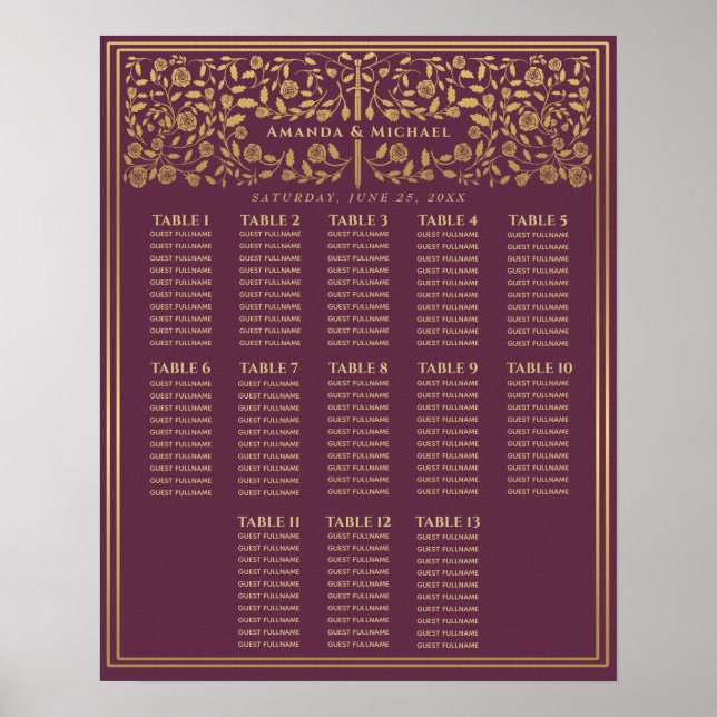 Mauve Royal Mediaeval Sword Wedding Seating Chart (Front)
