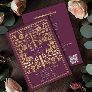 Mauve Royal Medieval Gold Sword Wedding QR Code Invitation