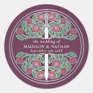 Mauve Royal Medieval Silver Sword Wedding  Classic Round Sticker
