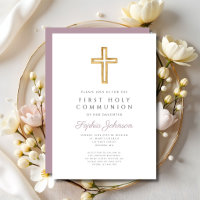 Mauve Script Religious Cross Boy First Communion