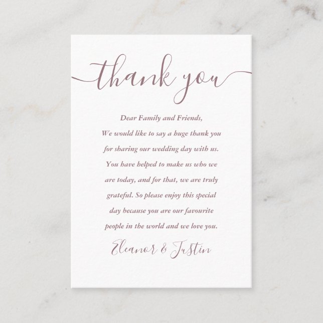 Mauve Script Wedding Thank You Place Card (Front)