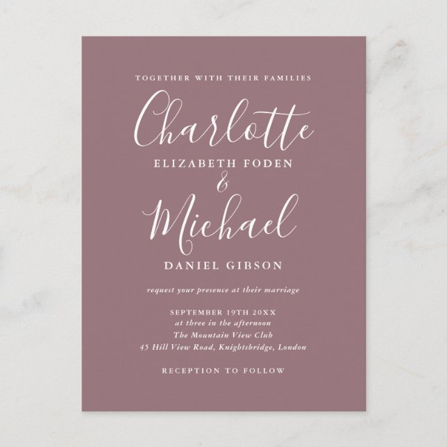 Mauve Signature Script Photo Wedding Invitation Postcard (Front)