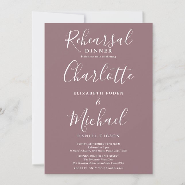 Mauve Signature Script Rehearsal Dinner Invitation (Front)