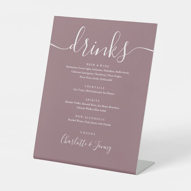 Mauve Signature Script Wedding Drinks Menu  Pedestal Sign (Front)