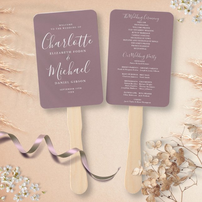 Mauve Signature Script Wedding Program Hand Fan (Mauve Signature Script Wedding Program Hand Fan)