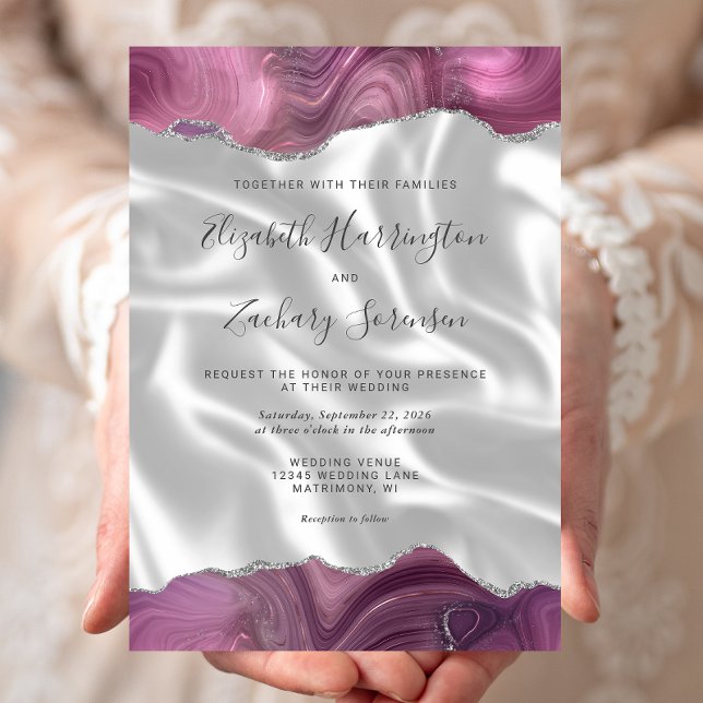 Mauve Silver Agate White Silk Wedding Invitation (Creator Uploaded)