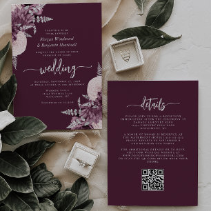 Mauve Silver Floral QR Code Wedding Invitation