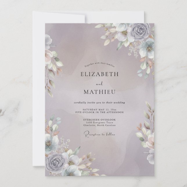 Mauve Silver Sprig Eucalyptus Wedding Invitation (Front)