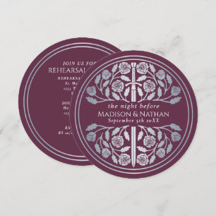Mauve Silver Sword Royal Wedding Rehearsal Invitation