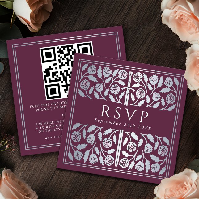 Mauve Silver Sword Royal Wedding RSVP QR Code Enclosure Card (Creator Uploaded)