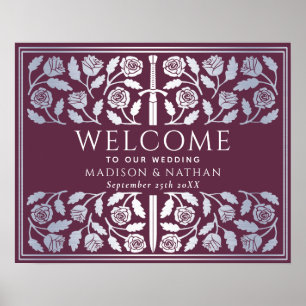 Mauve Silver Sword Royal Wedding Welcome Sign