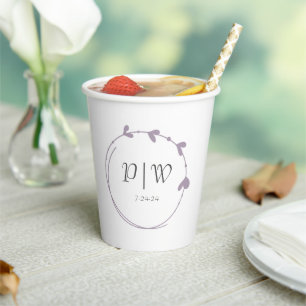 Mauve Simple Monogram Heart Wreath Wedding Paper Cups