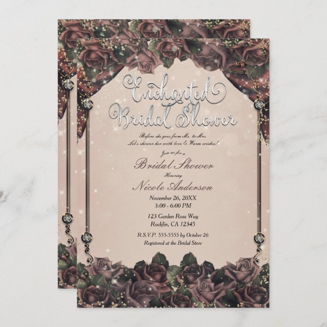 Mauve Spice Roses Glitter Sparkle Bridal Shower Invitation (Front/Back)