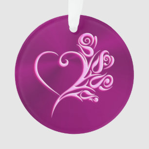 Mauve Stylised Heart and Roses, embossed-effect Ornament