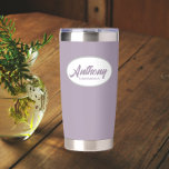 Mauve Stylised Wedding Groomsman Name Insulated Tumbler<br><div class="desc">Gift your wedding groomsman with this trendy and personalised,  stainless steel,  thermal tumbler with his name in stylised script in a white oval design. Background colour and script is mauve. Personalise your thermal tumbler by editing and replacing groomsman's name with desired name.</div>
