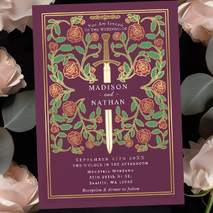 Mauve Sword Floral Medieval Fantasy Wedding  Invitation
