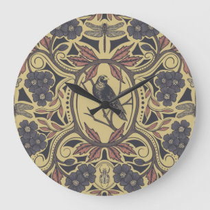 Mauve, Tan & Gray Crow & Dragonfly Floral Large Clock