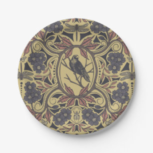 Mauve, Tan & Gray Crow & Dragonfly Floral Paper Plate