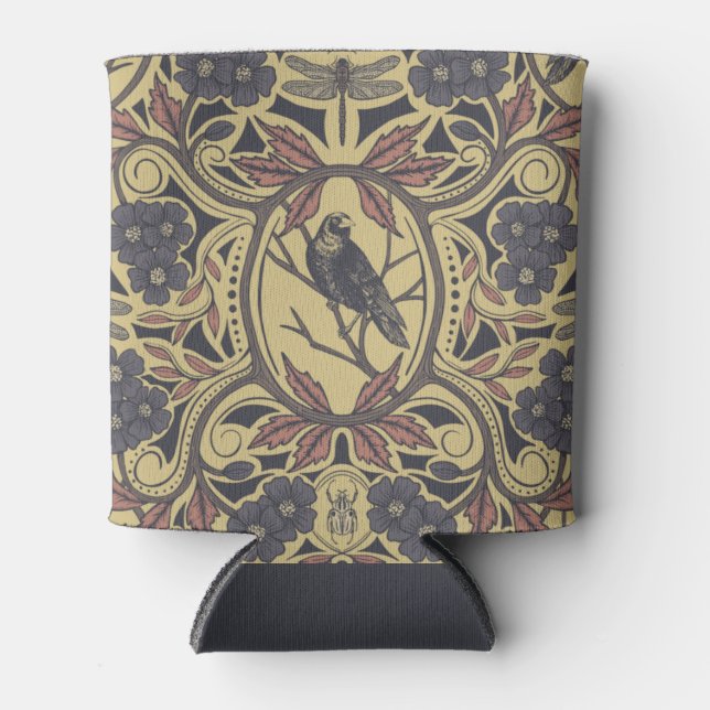 Mauve, Tan & Grey Crow & Dragonfly Floral Can Cooler (Front)