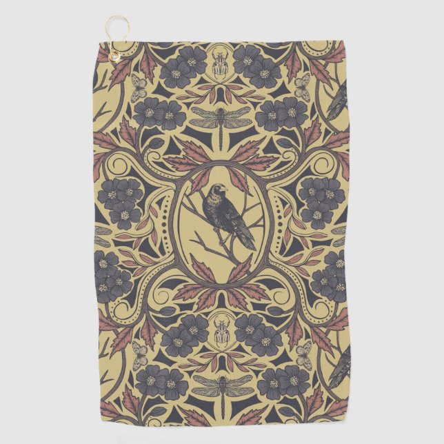 Mauve, Tan & Grey Crow & Dragonfly Floral Golf Towel (Front)